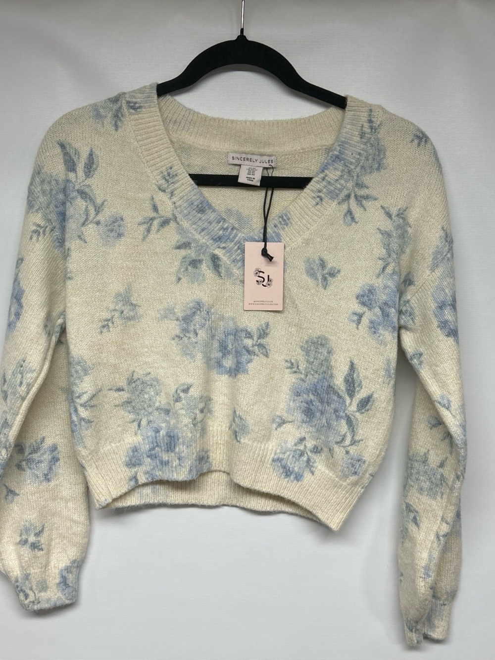 Sincerely Jules Cream V-Neck Sweater with Blue Floral Print